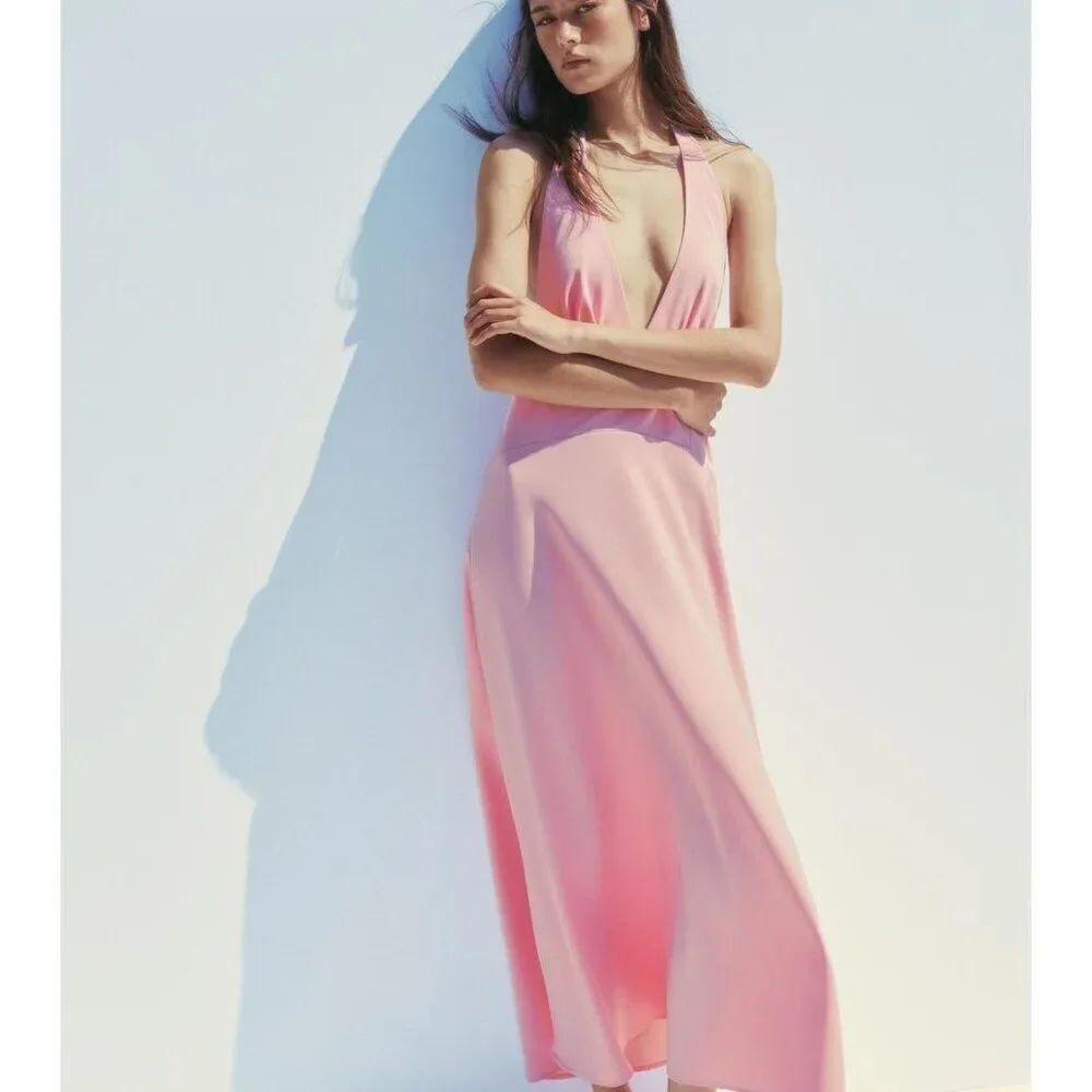 Zara Womens Halter Midi Dress A-Line Small S Pink Open Back 3067/352 NWT